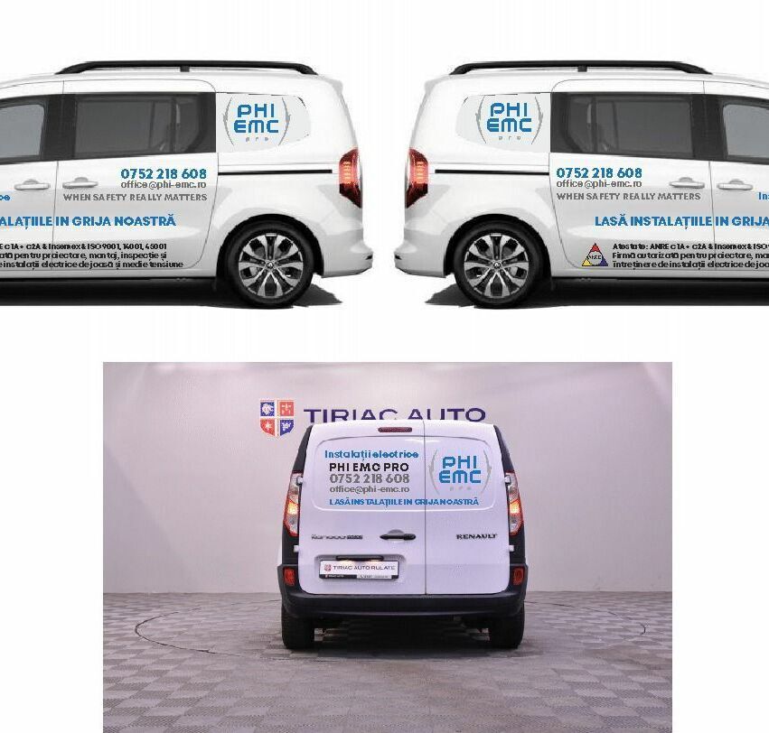 colantare auto servicii electrice sibiu cu design clar si impact vizual puternic pentru atragerea clientilor inscriptionare auto firma electricieni sibiu pentru PHI EMC cu branding profesional si vizibilitate maxima pentru servicii instalatii electrice