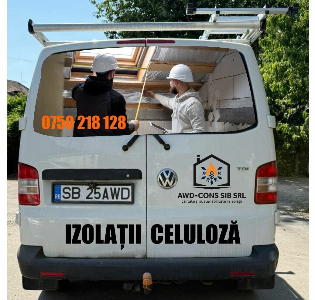 colantare spate duba sibiu pentru firma izolatii branding profesional cu impact vizual puternic si generare clienti inscriptionare auto spate duba izolatii celuloza sibiu cu telefon si branding firma pentru promovare eficienta si vizibilitate maxima in trafic