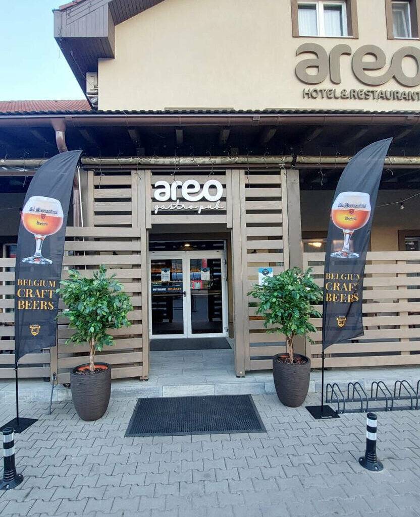 reclama luminoasa sibiu pentru hotel si restaurant areo litere volumetrice si branding exterior complet alaturi de steaguri tip vela personalizate pentru vizibilitate maxima
