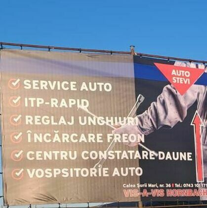Banner de mari dimensiuni realizat și montat de Media Impact pentru firmă de reparații auto, publicitate exterioară eficientă.