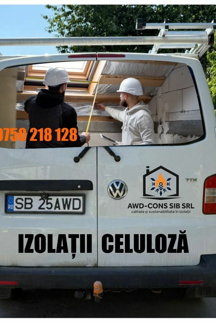 inscriptionare auto spate duba izolatii celuloza sibiu cu telefon si branding firma pentru promovare eficienta si vizibilitate maxima in trafic