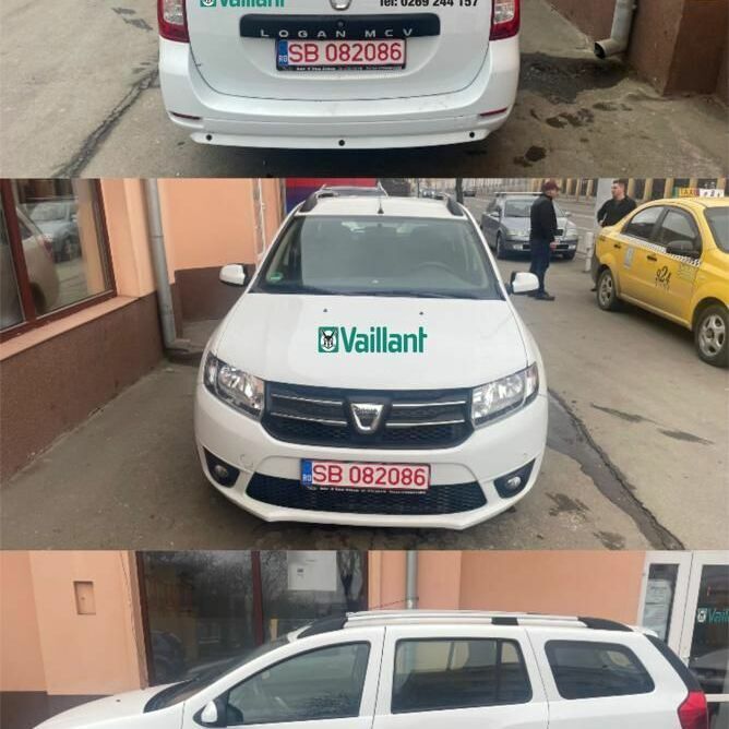 Branding auto Sibiu – colantare flota masini pentru firme si servicii profesionale Branding auto Sibiu realizat pentru flota Vaillant, inscriptionare masini cu logo si date contact pentru vizibilitate si promovare locala