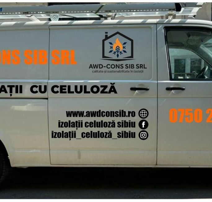 colantare duba firma izolatii sibiu cu telefon si website branding auto eficient pentru promovare si imagine puternica inscriptionare auto duba servicii izolatii celuloza sibiu personalizare completa pentru branding profesional si atragere clienti in trafic