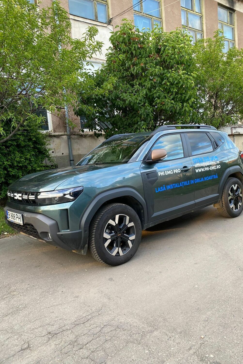 colantare auto dacia duster sibiu pentru firma electricieni PHI EMC cu branding modern si aplicare profesionala