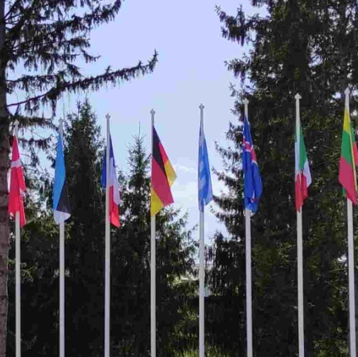 Steaguri imense printate cu diverse țări, inclusiv alianța NATO, montate în fundație de beton, lucrare de calitate superioară