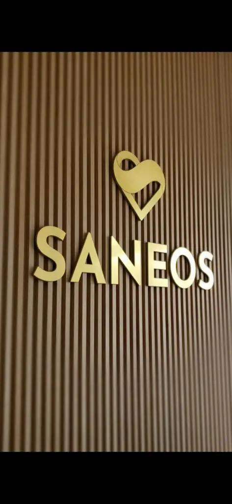 Litere volumetrice din ABS auriu Sibiu pentru clinica medicala Saneos, design elegant premium pentru interior