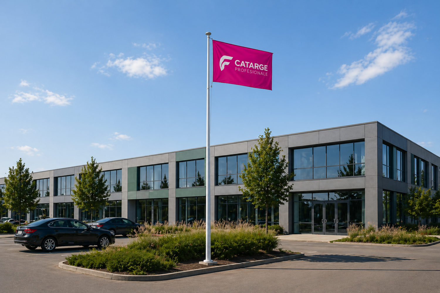 catarg steag 8 metri montat in fata unui showroom comercial