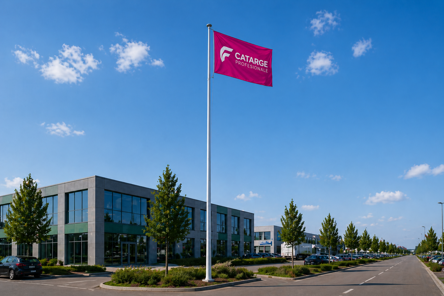 catarg steag 10 metri amplasat in parcare comerciala mare