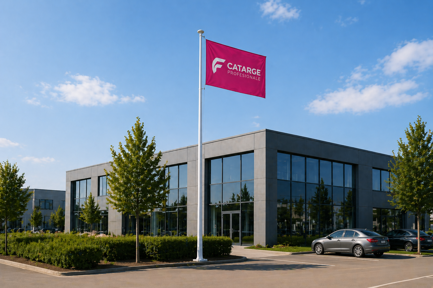 catarg steag 7 metri amplasat in fata unei cladiri de birouri moderne