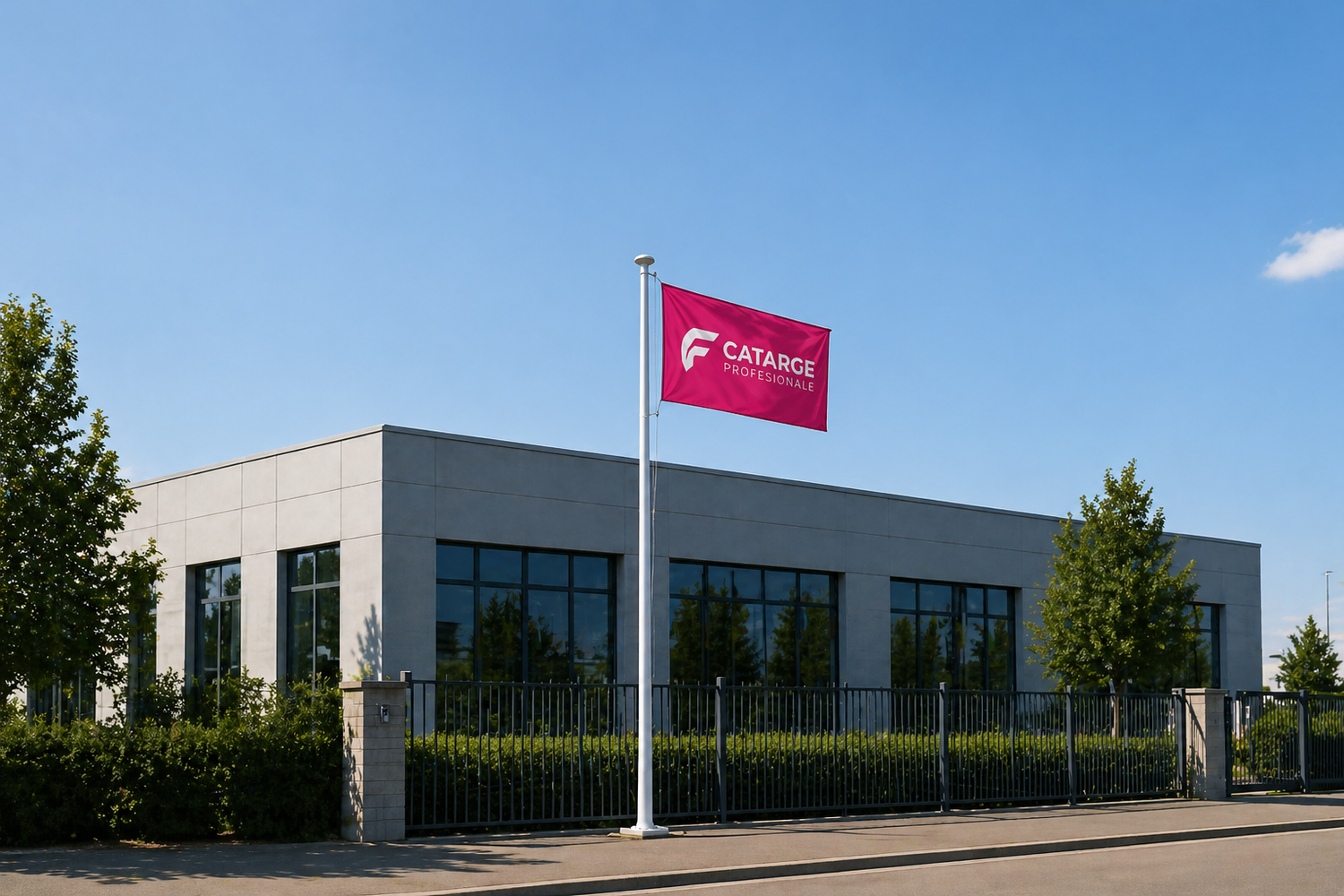 catarg steag 6 metri montat langa cladire mica pentru firme locale