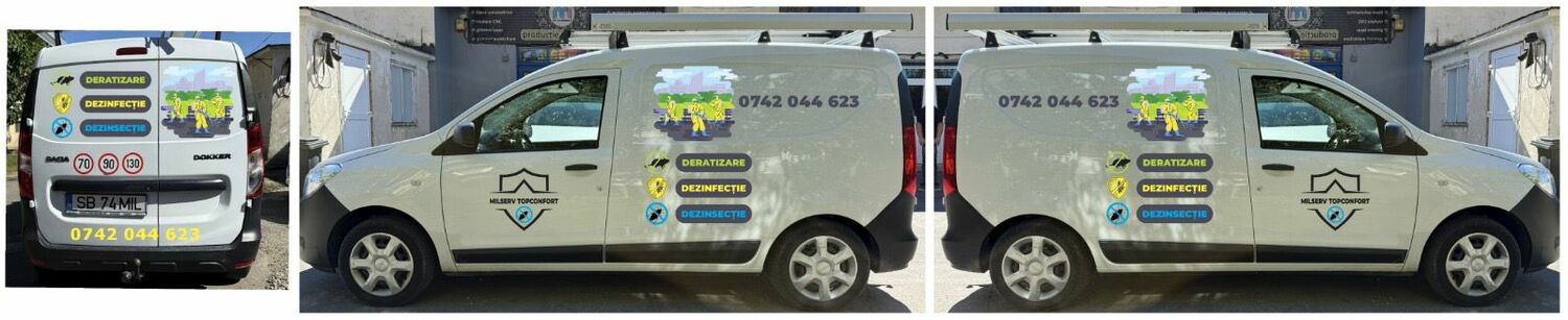 simulare grafica inscriptionare auto Sibiu productie colantare masina deratizare branding vizibil servicii DDD simulare grafica si productie inscriptionare auto pentru firma deratizare sibiu colantare masina servicii dezinfectie deratizare design profesional