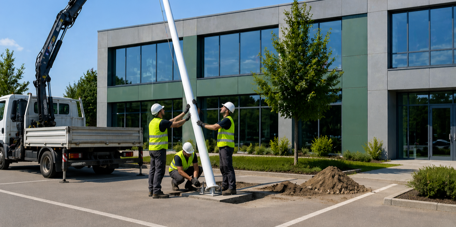 montaj catarg steag Sibiu instalare profesionala sistem fixare catarg fibra sticla